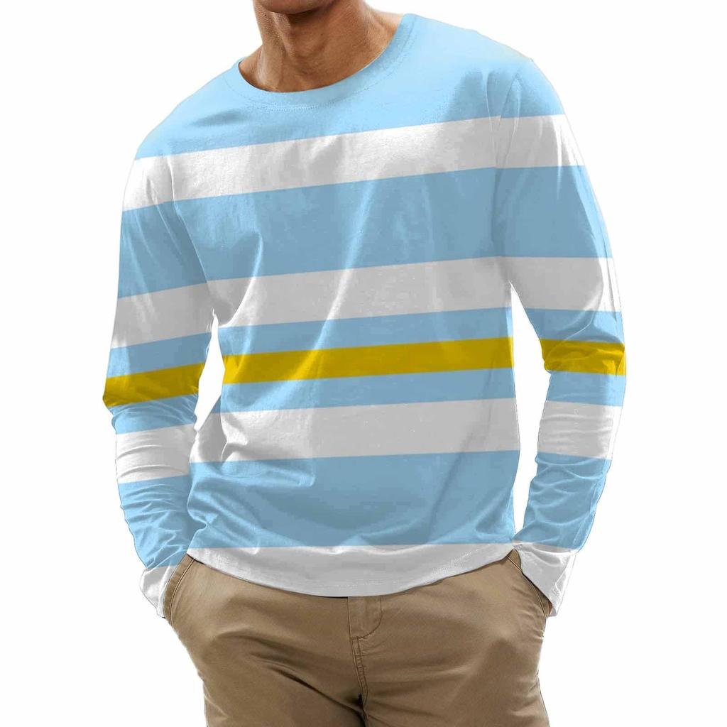 Men's Fashion Casual Stripe Printed Long Sleeve O-Neck Shirts Tops Blouse