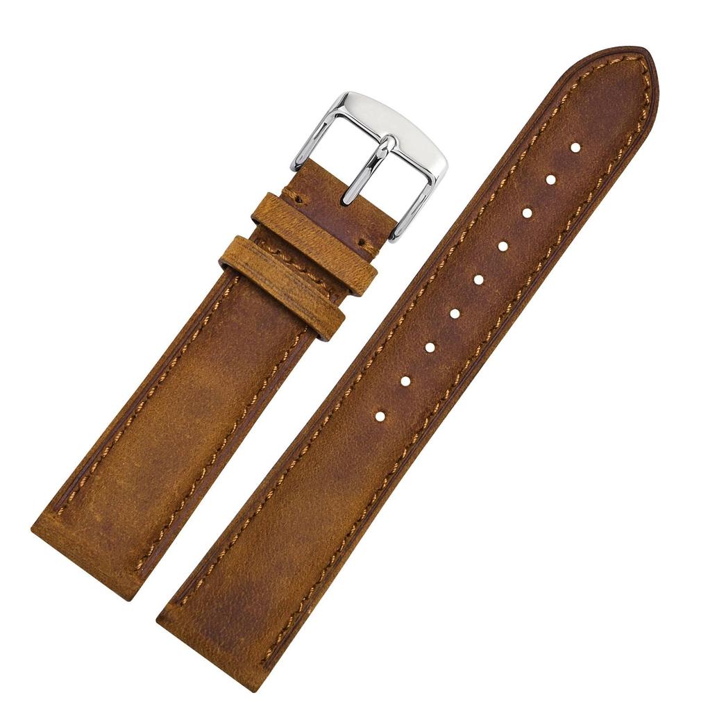 WOCCI Genuine Leather Watch Calf Replacement Buckle Band, 20mm, Leather, Strap, Brown/Silver