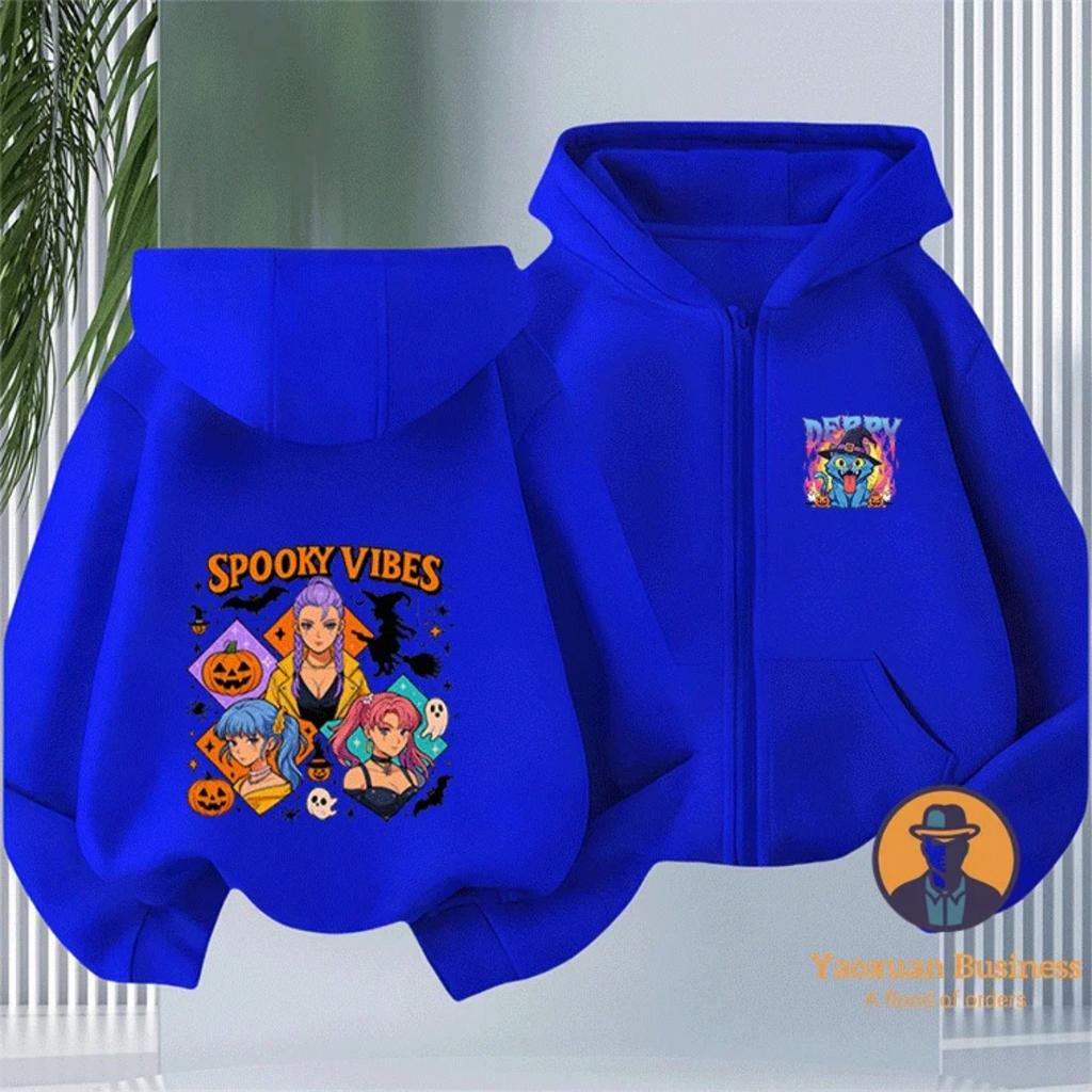 Halloween Style KPop Devil Hunter Girl Children's Zipper Hoodie Cute Cartoon Print Warm Windproof Autumn and Winter Fashion Clothing