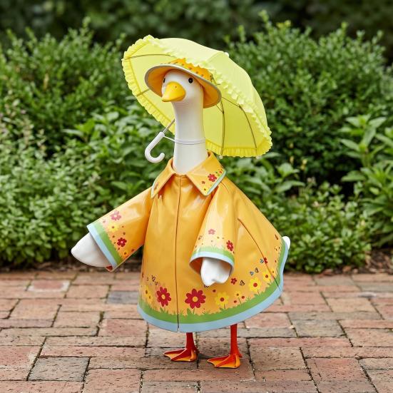 1 Set Porch Goose Outfit Waterproof Goose Raincoat Hat And Umbrella Summer Goose Floral Costume Fits 23 Inch Lawn Goose Statue Outdoor Decor Garden