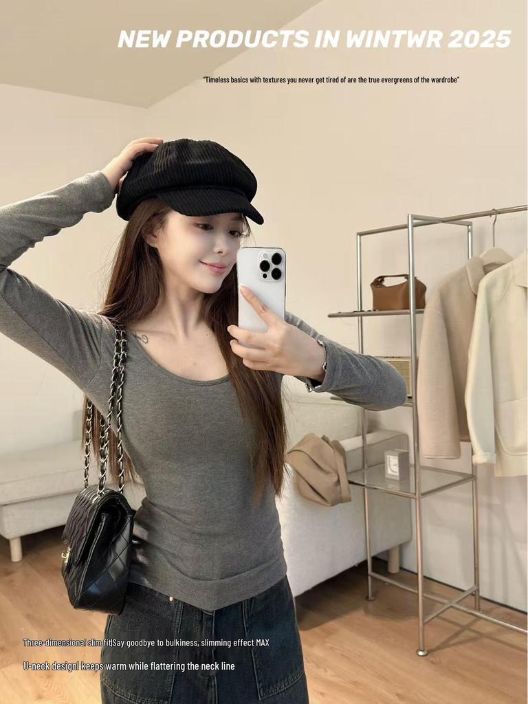 Women's Warm U-Neck Pearl Velvet Ribbed Base Layer Top - Autumn/Winter Style