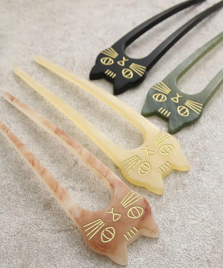 VINGTAINE Cat Motif Cat Hair Two-Pronged Hairpin, Marble, Two-Prong Accessory, H7530-IV-Ivory