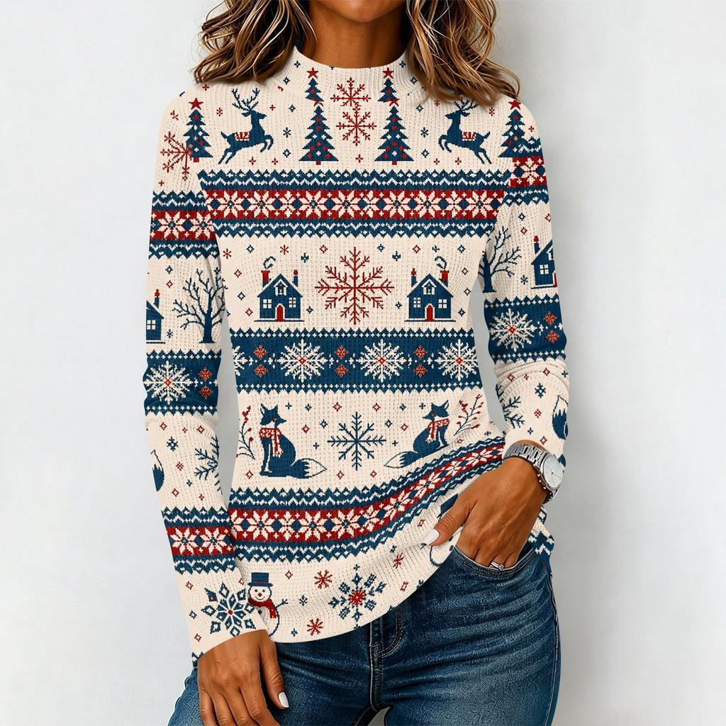 Women's Casual Knit Long Sleeve T-Shirt with High Neck Christmas Print