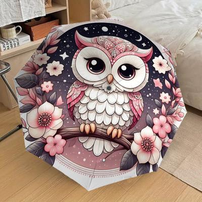 1 Stück Eulenblumen Automatischer Öffnungs-/Schließschirm mit Winddichtigkeit, Stabiles 8-Rippen-Dach, Langlebige Rippen, Modisches Design, Outdoor-Accessoire, Lustiger Druck, Feiertag