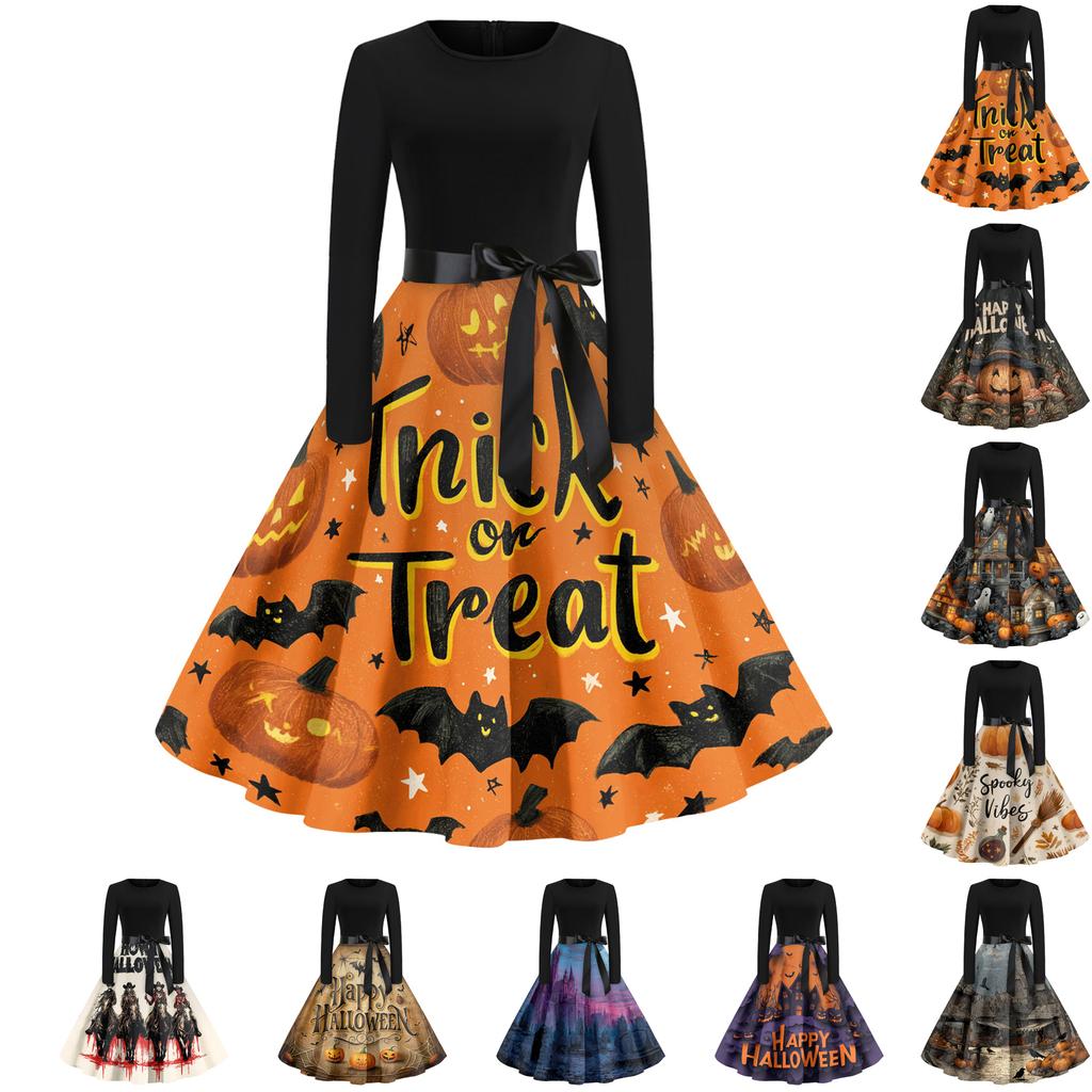 Women's Casual Fashion Round Neck Halloween Printed Vintage Dress