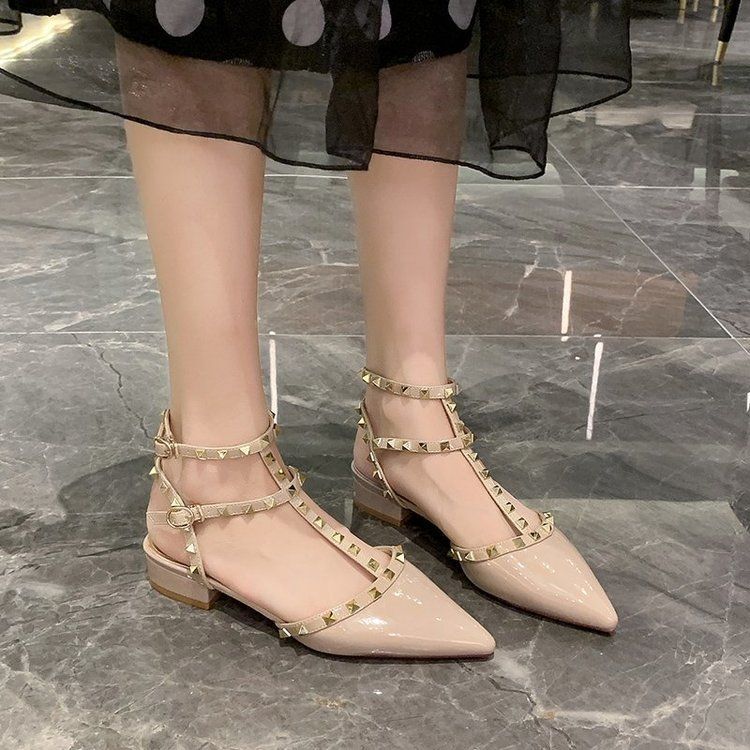 Baotou Niche French Sandals 2025 New Summer Flat Bottom Pointed Soft Sole Low Heel Black Rivet Women's Shoes