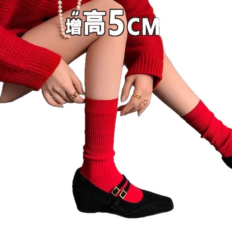 Sheepskin version~ Retro inner height increase square head single shoes one-word buckle commuting temperament French slope heel Mary Jane shoes women