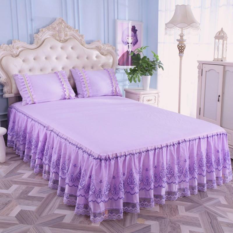 Bedding Bed Skirt Princess Korean Style Princess Purple Lace Bed Skirt 1 Pair Pillowcase Three-piece Bed Cover Twin Bedspreads