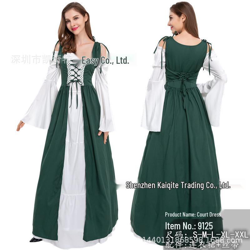 European and American Vintage Medieval Renaissance Square Neck Lace-Up Corset Halloween Costume Dress