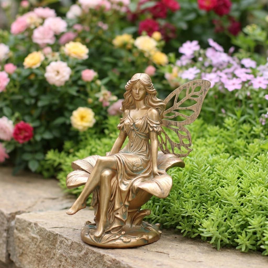Resin Flower Fairy Statue Sitting On Flower For Spring Summer Outdoor Garden Decoration Yard Lawn Ornament