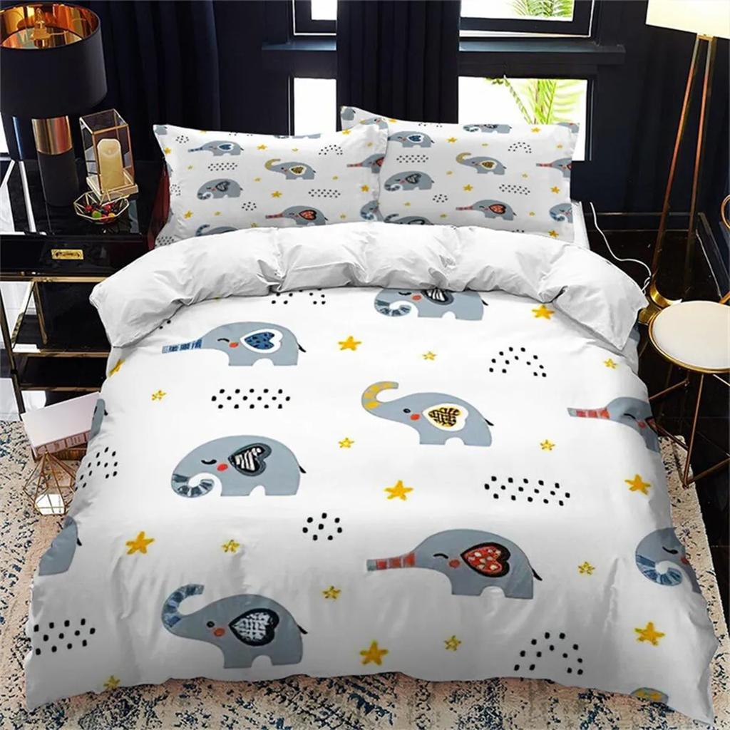 Boys Girls Kawaii Elephant Duvet Cover Cute Animals Quilt Cover Queen Size Soft Microfiber Cartoon Bedroom Decorations Children