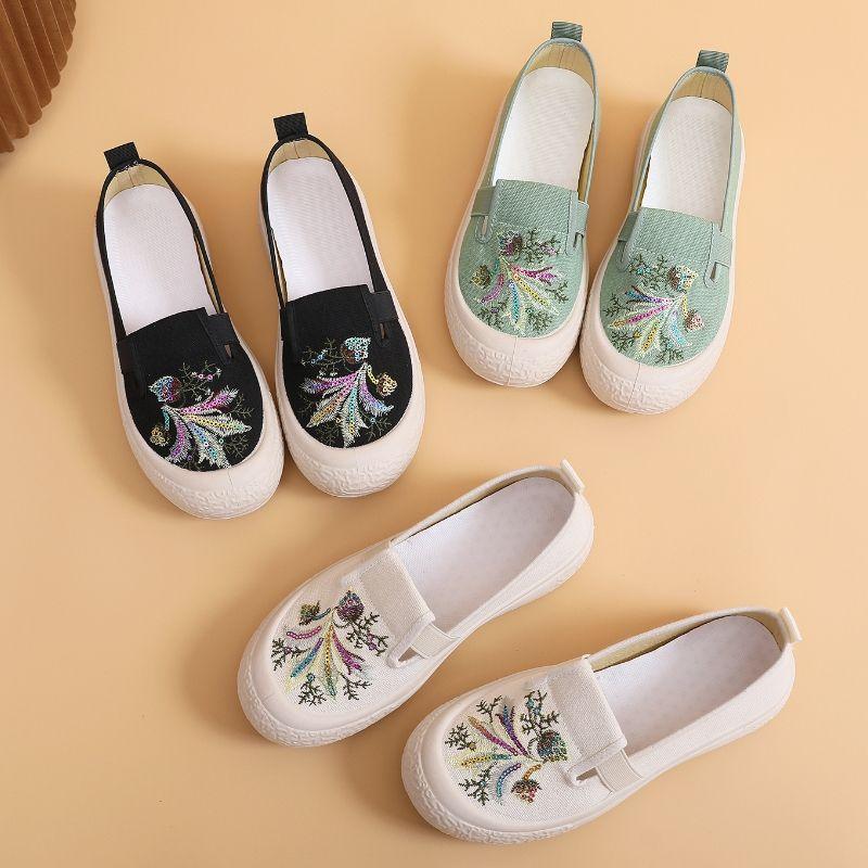 Sommer Neue Ländlicher Stil Damen Schuhe Bestickte Stoffschuhe Einschlupf Leinwand Student Vielseitig Atmungsaktiv Fischer Schuhe