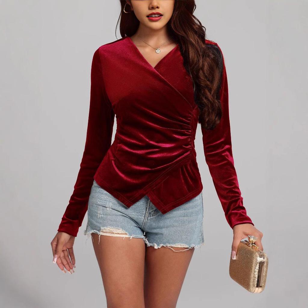 Gold Velvet Long-Sleeve Irregular V-Neck Top - Sexy Retro Waist Design for Women