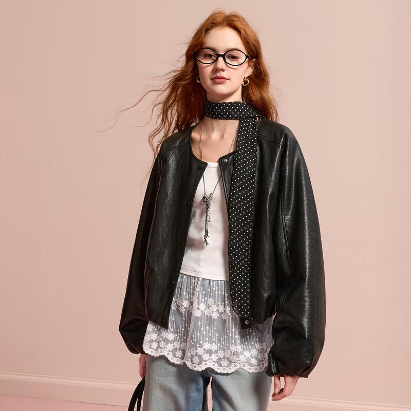 

Sancai 2025 Осень Винтажная Куртка из Искусственной ПУ Кожи с Круглым Вырезом M