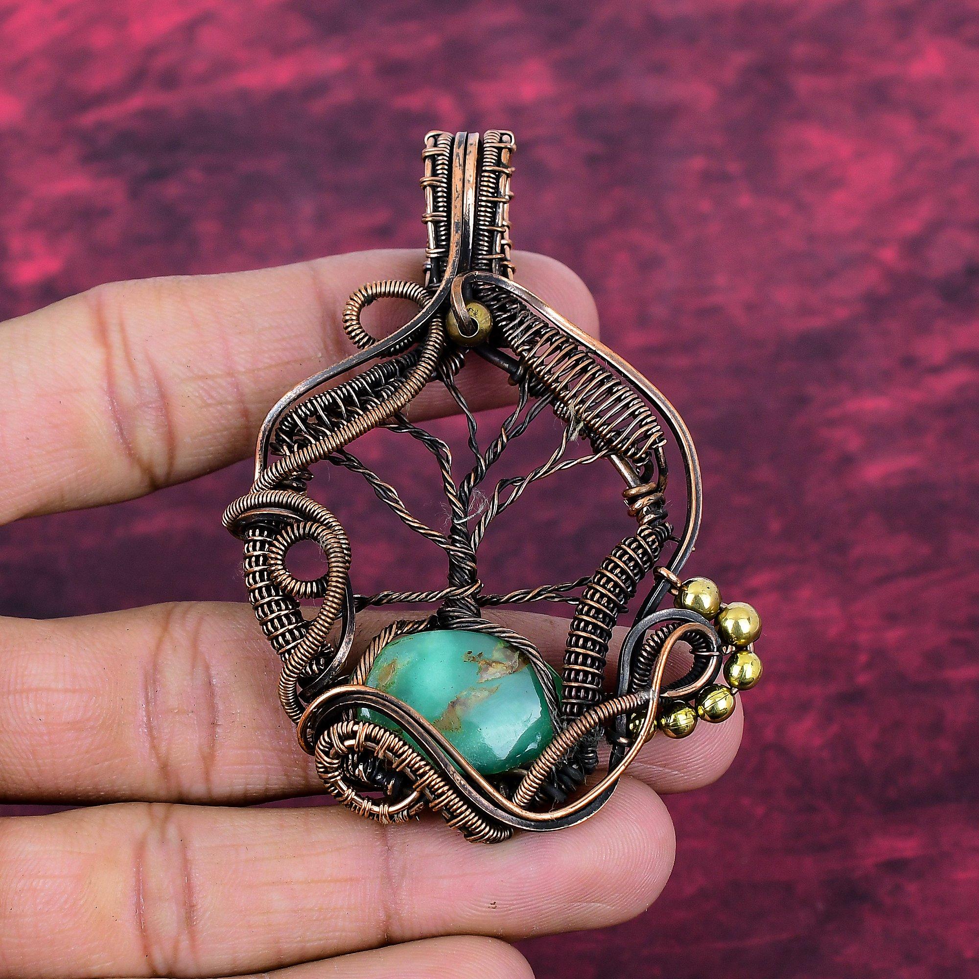 Tree Of Life Chrysoprase Gemstone Pendant Copper Wire Wrapped Handmade Jewelry