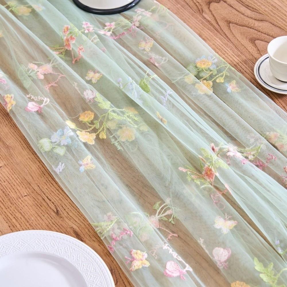 French Vintage Embroidered Floral Table Runner Romantic Fresh Color Wrinkled Table Runner Semi-Transparent Tulle Table Runner