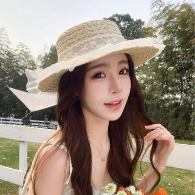 French Fashion Lace Flat Top Straw Hat Women'S Summer Outdoor Travel Sun Hat Sunshade Sun Protection Hat