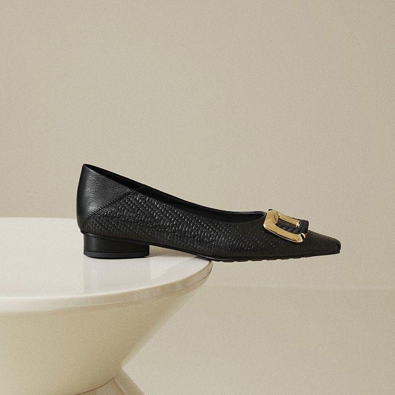 2025 New Block Heel Versatile French Heel Shoes Low Heel Leather Shoes for Women Summer Adhesive Single Shoes Pointed Toe