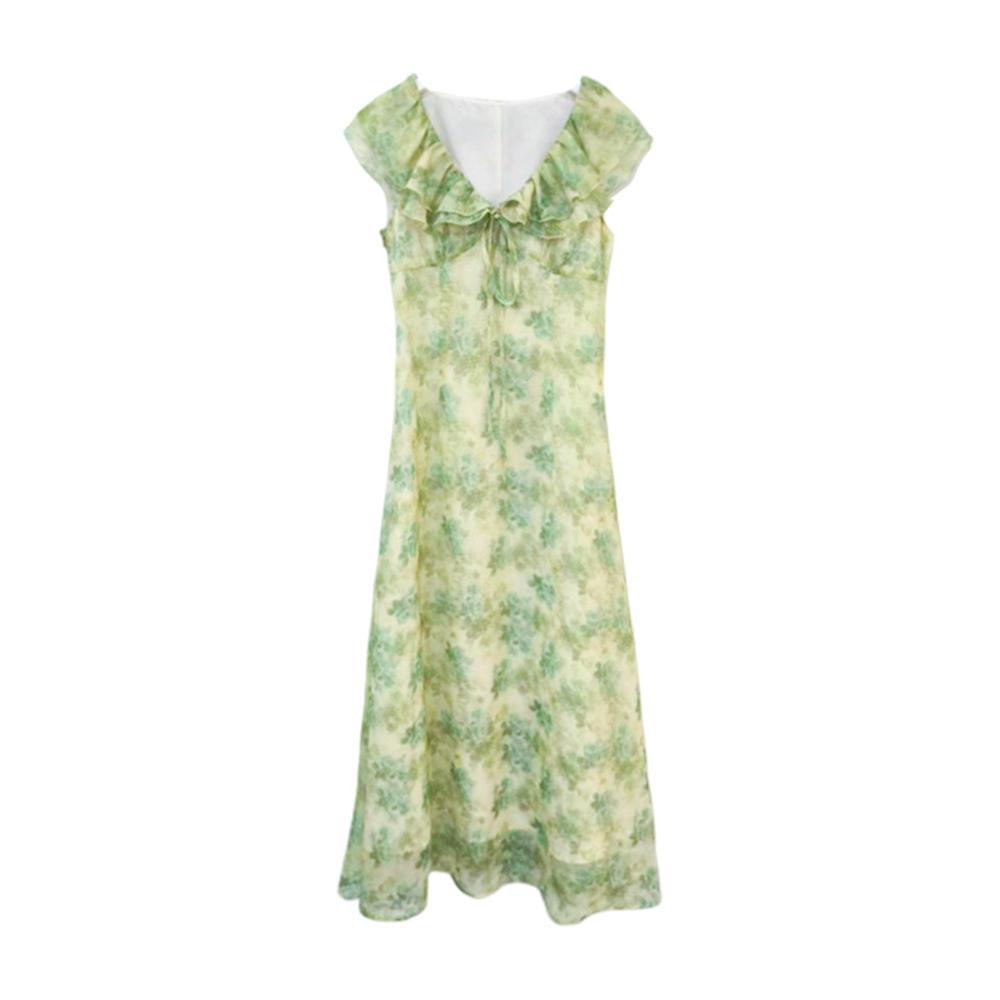 Summer Beautiful Atmosphere New Unique Beautiful Long Dress Green Floral Temperament Thin Dress Children's Leisure