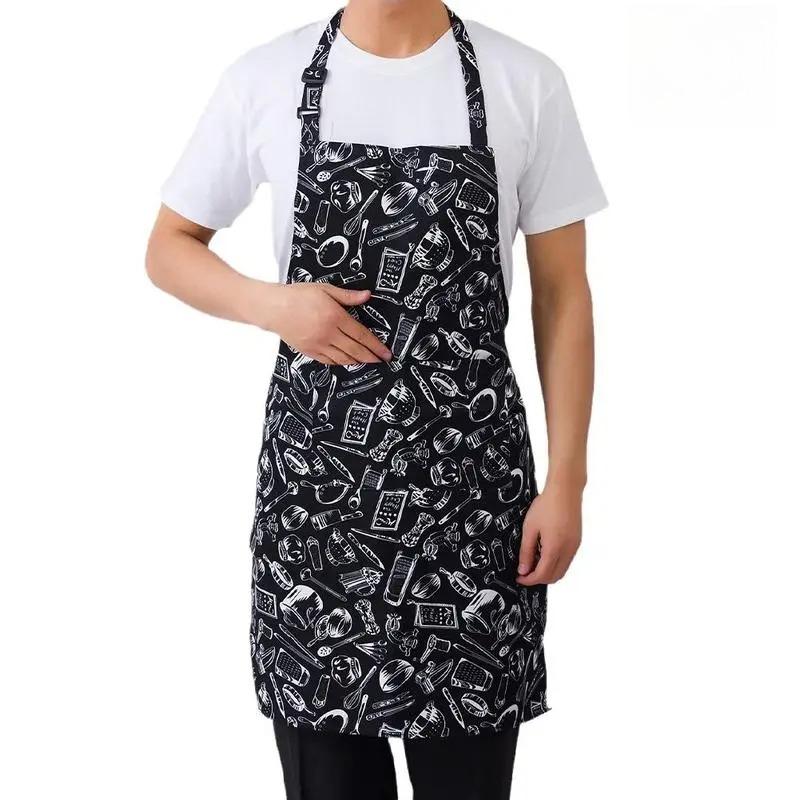 

1PC Kitchen Cooking Apron Chef Halterneck Apron With 2 Pockets Catering Sleeveless Aprons Men Woman BBQ Waiter Printing Apron