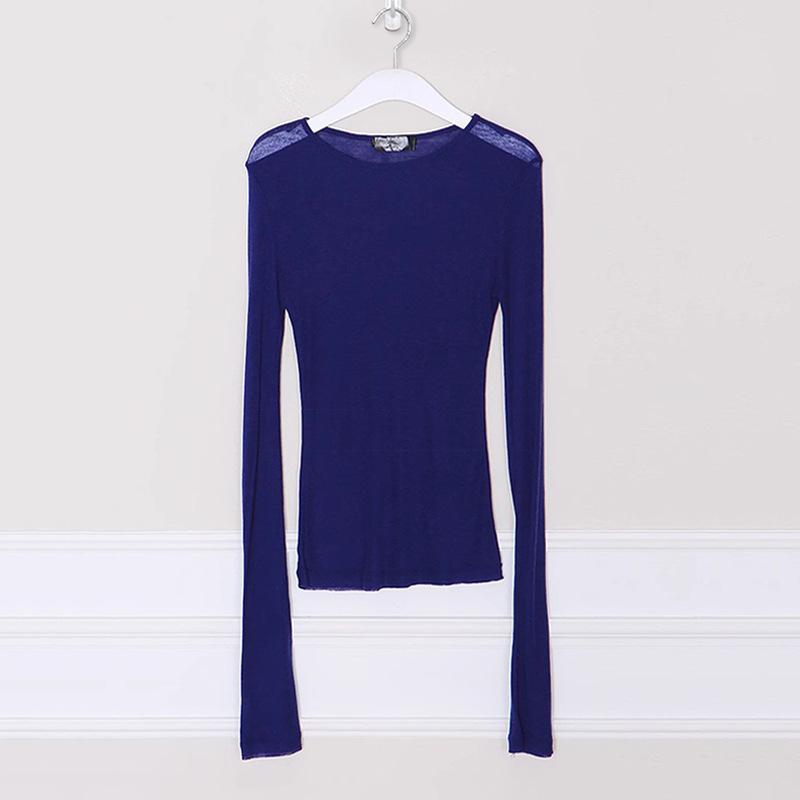 Dámské univerzální zakrývací tričko s dlouhým rukávem a kulatým výstřihem, základní vrstva, tenké, mírně průsvitné, pohodlný pletený top