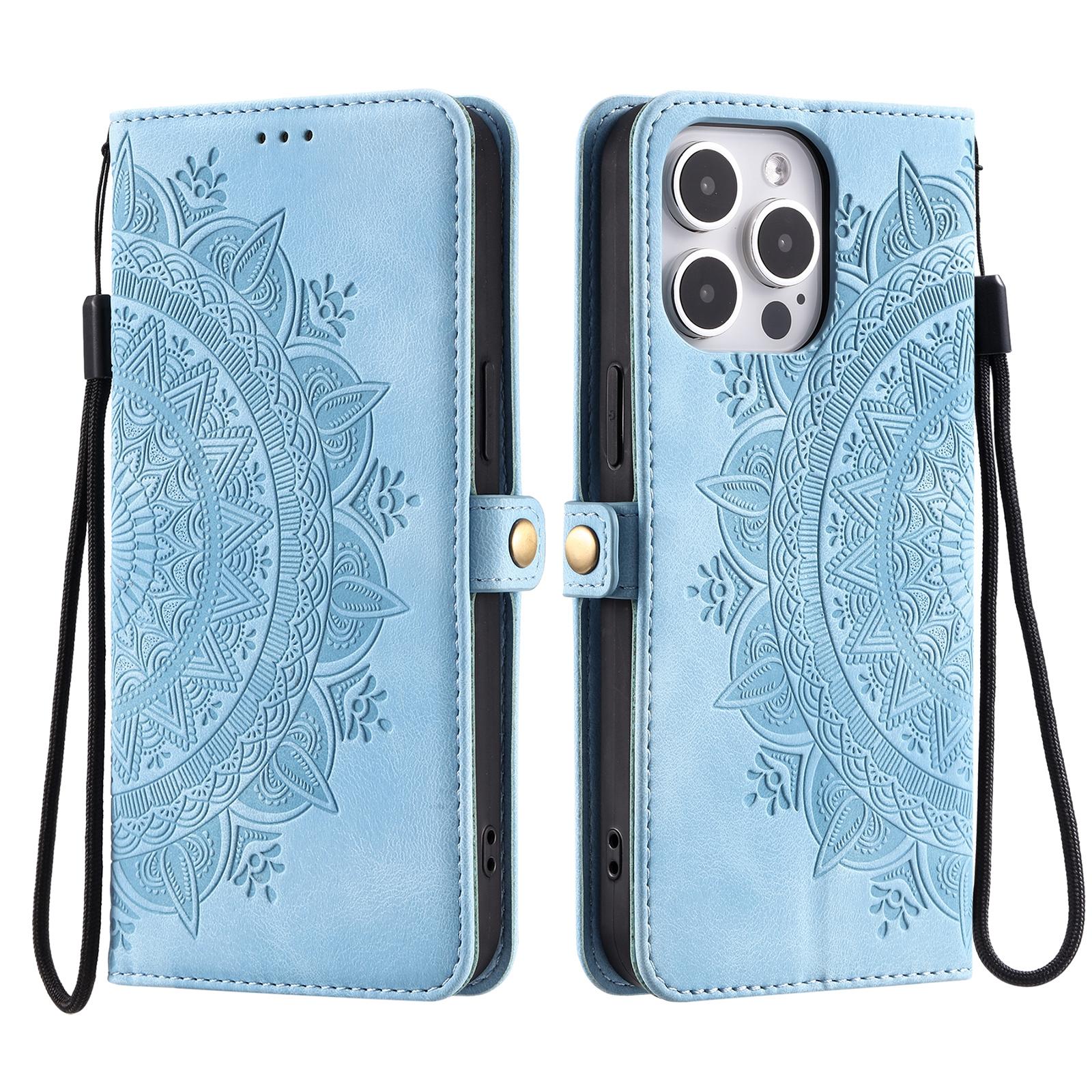 

Style 016 For iPhone 15 Pro Case Skin Feel Totem Imprinted Wallet Leather Phone Cover Lake Blue