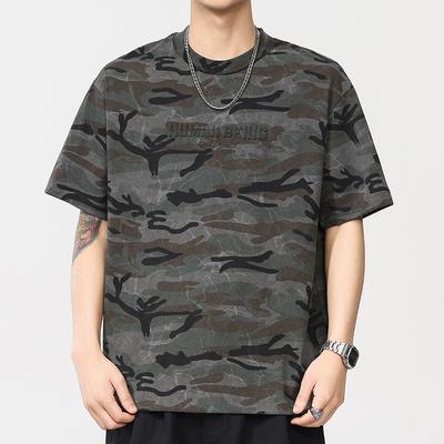 Retro Street Short and Wide Versatile Basic Camouflage Letter Print Men's Top T-shirt Short Sleeves
