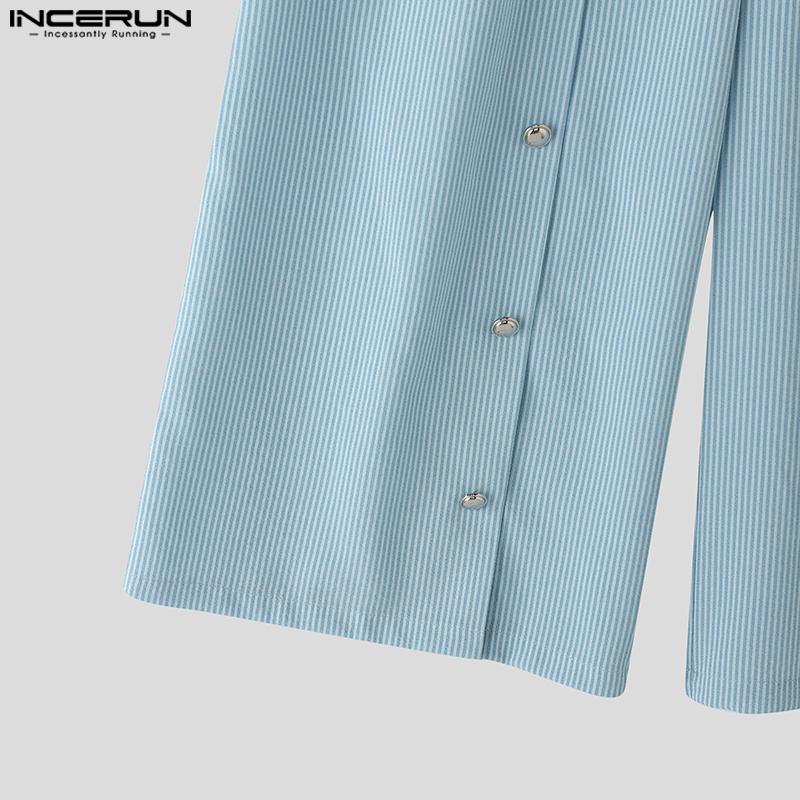 INCERUN Men Capri Casual Loose Wide Leg Buttons Striped Cropped Pants Shorts
