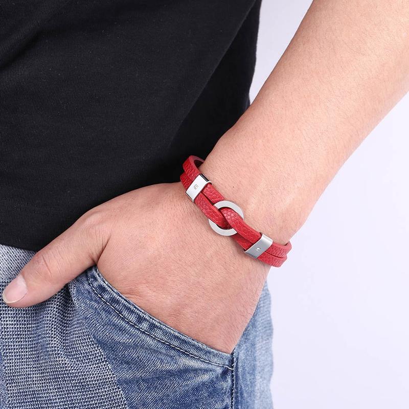 Fashion Leather Mens Bracelet Stainless Steel Buckle Charm Couple Bangles Jewelry