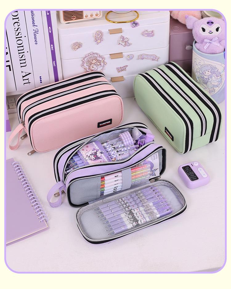 Large Capacity Three-Layer Pencil Case with Color Blocking - Multi-functional Stationery Box for Students