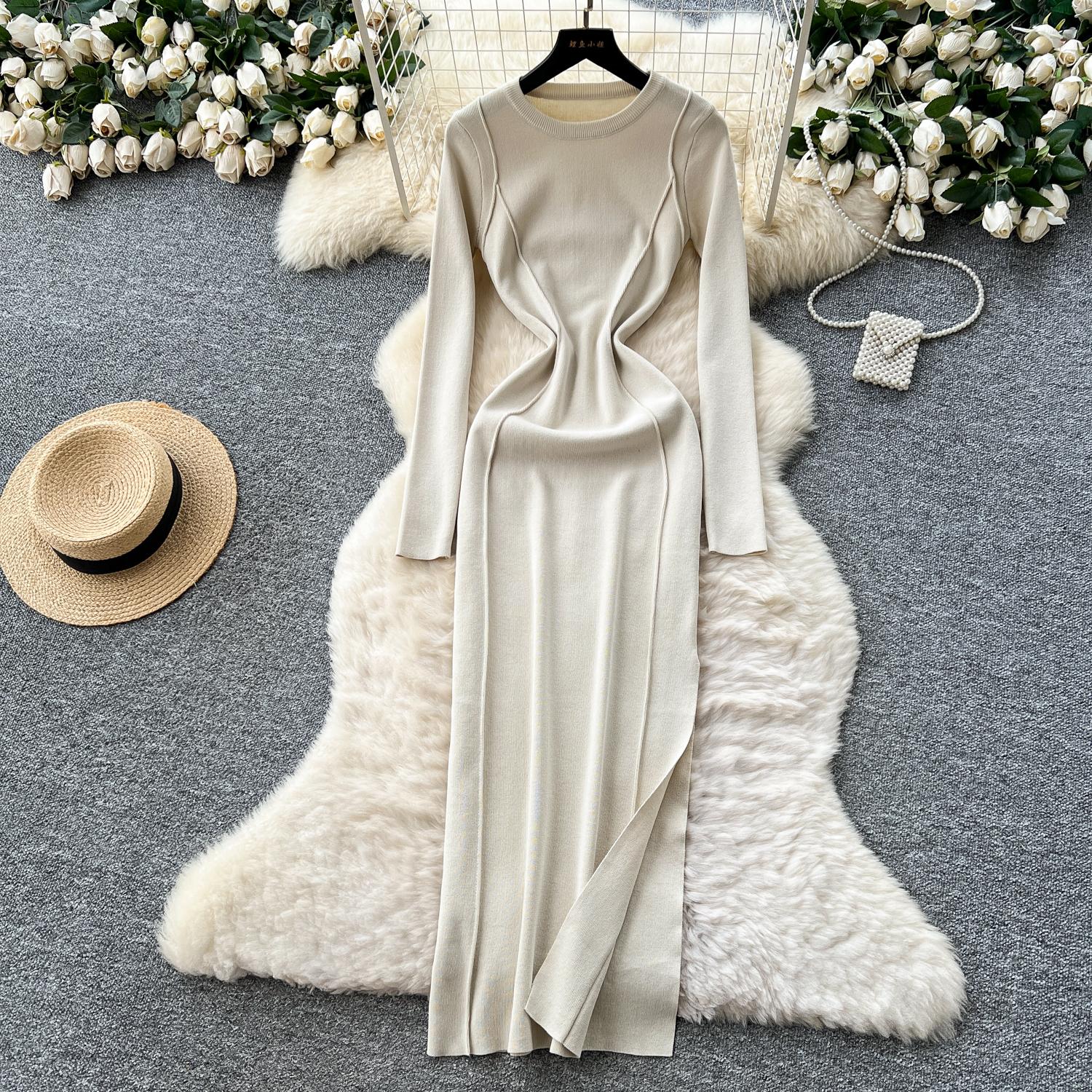 

Сукня з розрізом на талії для жінок Осінь 2025 Французька приталена та облягаюча Елегантні в язані сукні-бодікон One Size абрикосовий