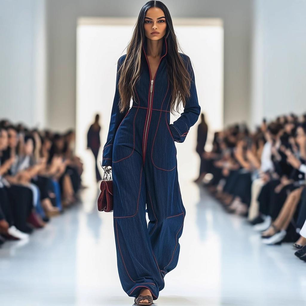 Women's Zip Up Long Sleeve Denim Jumpsuit Slim Fit V Neck Wide Leg Jumpsuit With Pockets