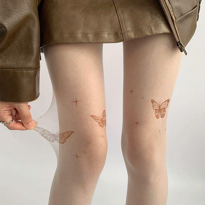 Women Ultra-Thin Tights Sexy Vintage Y2K Fake Tattoo Butterfly Black Transparent Silk Pantyhose