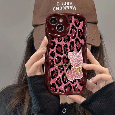 Pink Leopard Print Bear Pattern Wave Edge Phone Cases For iPhone 17 16 15 14 13 12 11 Pro Max Plus 17e 16e Shockproof Soft Cover