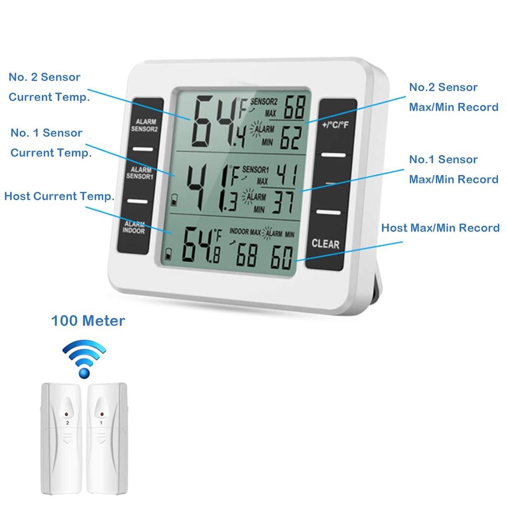 Refrigerator Thermometer, Digital Fridge Freezer Thermometer with Audible Alarm, Min Temperature Display and 2 Sensors for Home Restaurants Kitchen