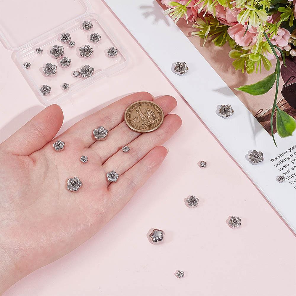 1set 30pcs 3 styles 304 Stainless Steel Beads Rose Stainless Steel color 5~10x5~10x3~6mm Hole: 0.8~1.4mm 10pcs/style
