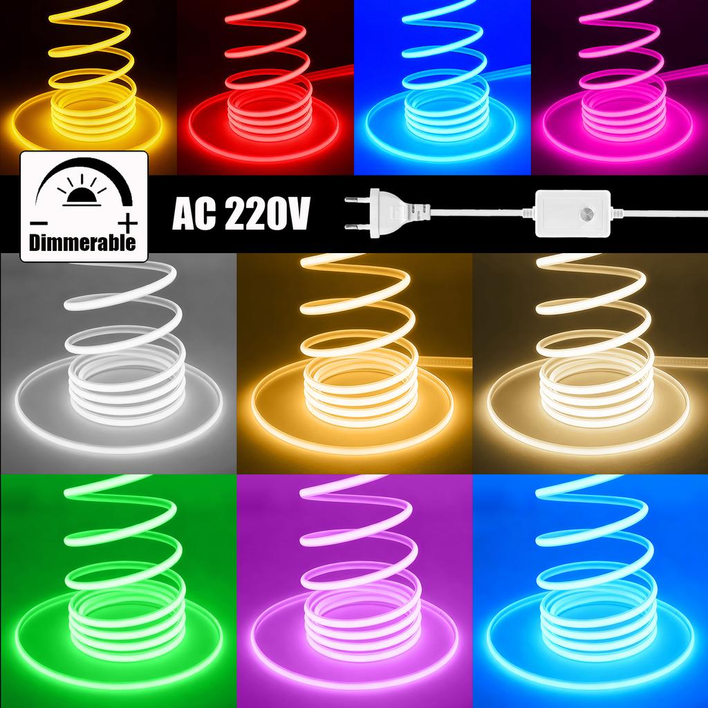 Dimmerable 220V COB Strip Red/I Blue/Pink/Yellow/Green/Pink/White 3000K 4000K 6000K Waterproof Flexible Ribbon LED Neon Light