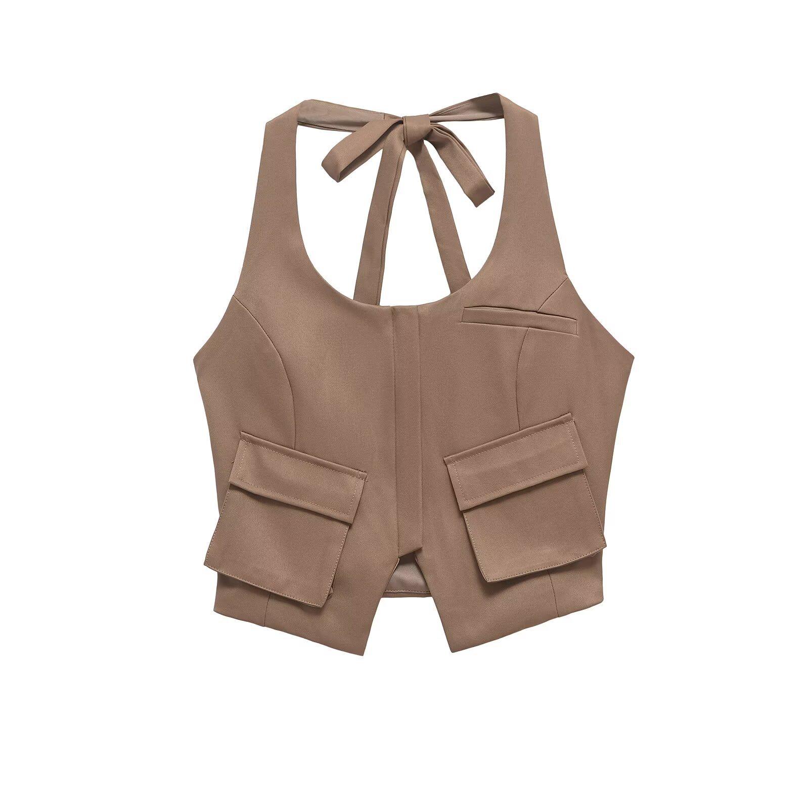 

Весна 2025 Женский приталенный топ без спины, без рукавов, с халтер-вырезом Medium верблюд