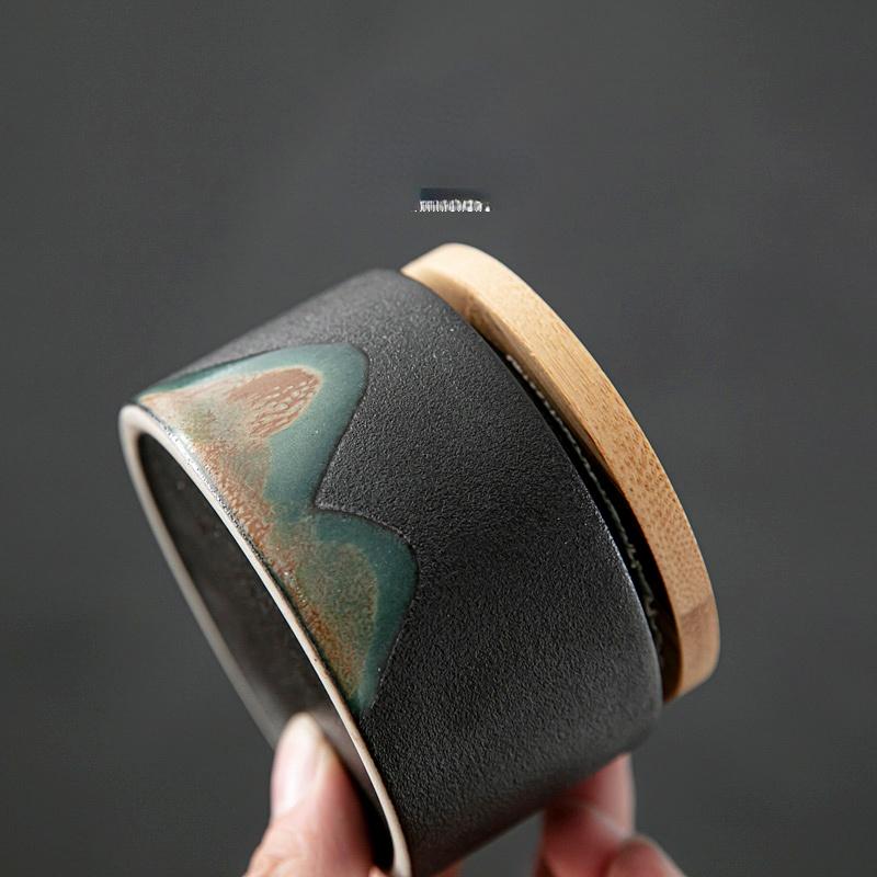 Cylindrical Mini Ceramic Tea Caddy with Wooden Lid Retro Household Sealed Bottle Box Candy Jar Jewelry Box Gift Jar Home Decor