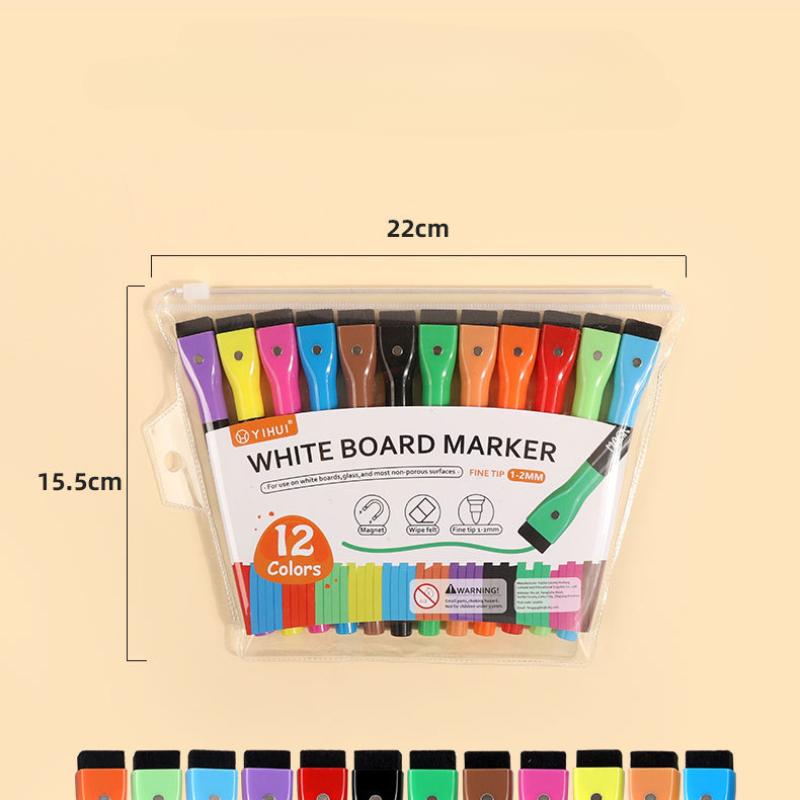 1 Set mit 12 Zeichenmarkern, magnetisches Set, Kreidemarker, Whiteboard, wasserbasierte Farbmarker, trocken abwischbare Marker mit Radiergummi, tragbar
