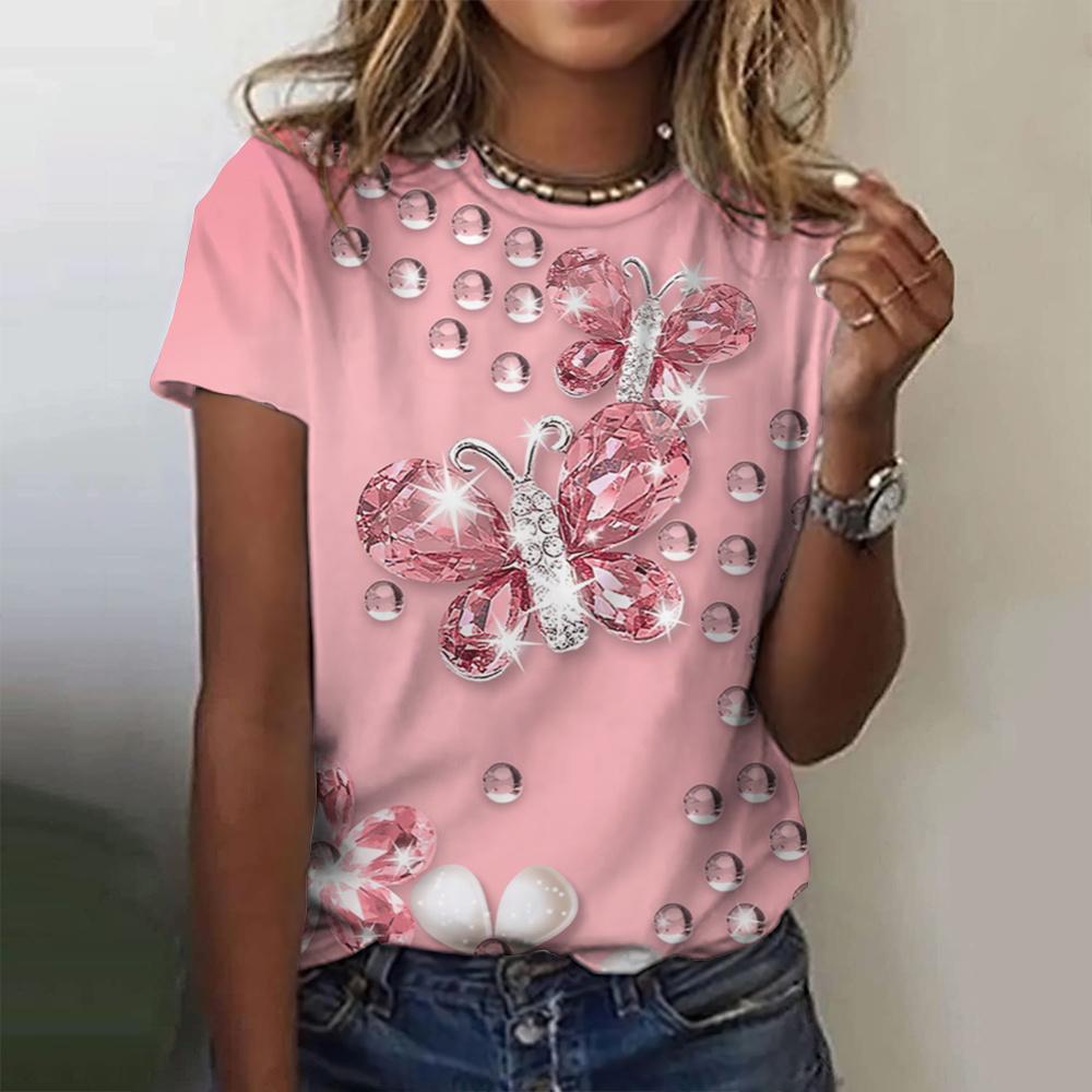 Summer Round Neck 3D Butterfly Print Top Fashionable Casual Short Sleeved Women's T-shirts