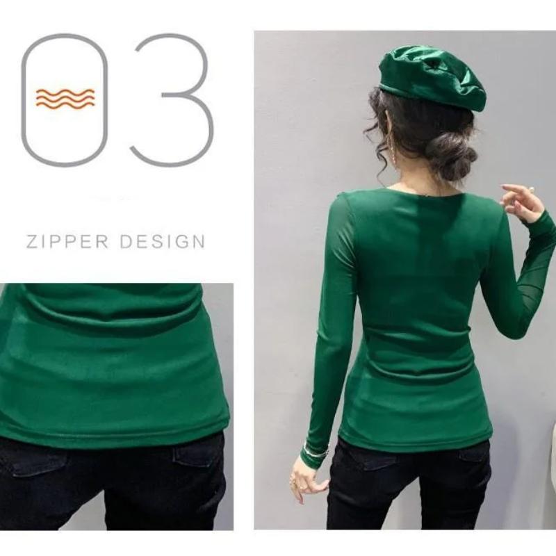 Women's New Fashion V-Neck Cross T-shirt Solid Color Long Sleeves Top Spring Autumn Mesh Bottoming Shirt S-4XL