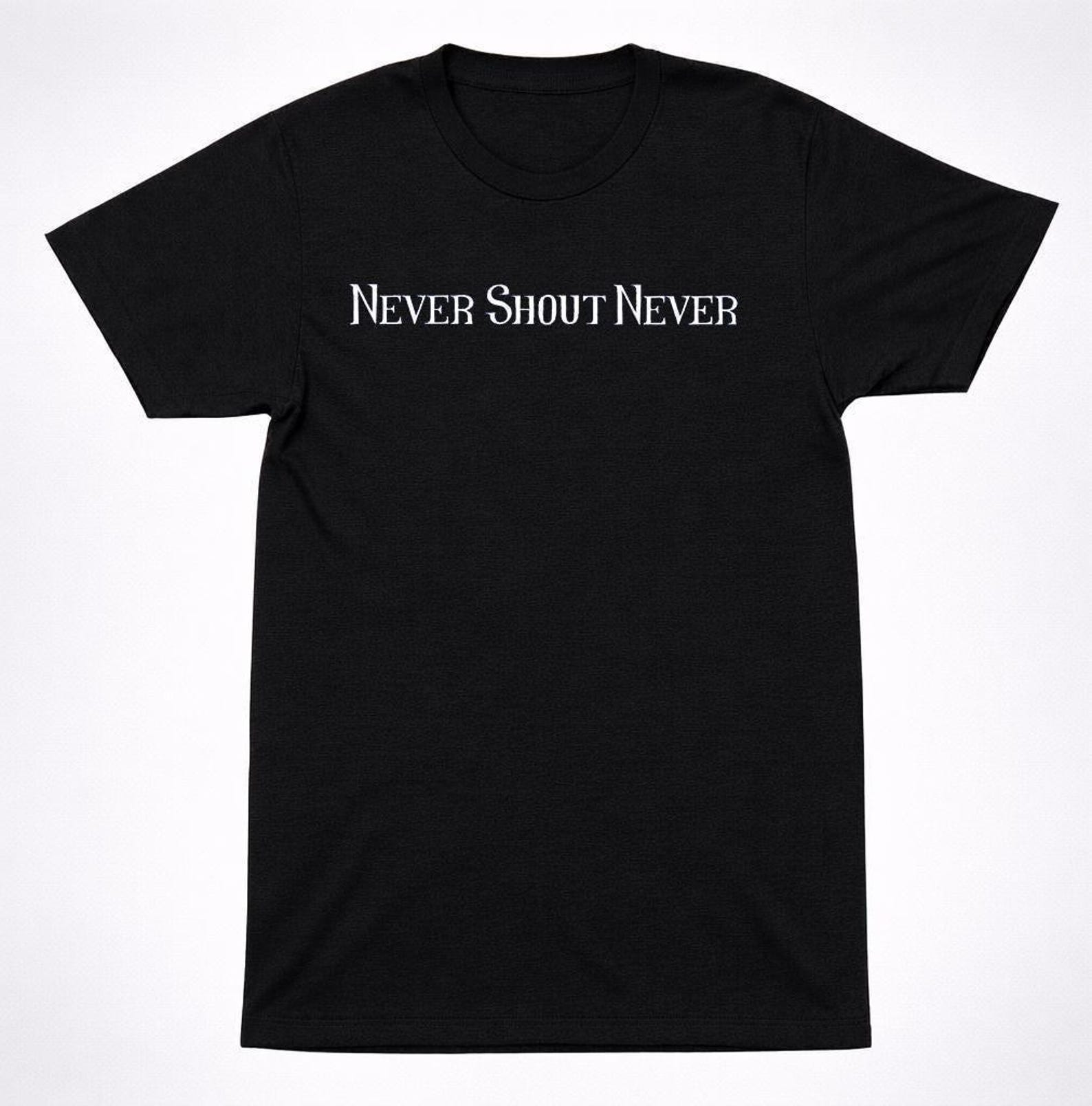 Never Shout Never Logo T Shirt Indie Emo Acoustic Tee, Black with White Print (Unisex S-XXL, Soft Cotton) M
