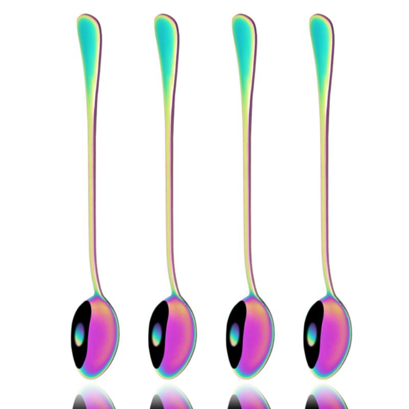 Reusable Cream Long Ice 4pcs Handle Scoop Stainless Steel Colorful Cutlery Teaspoon Dinnerware Flatware Juice Coffee Stirring Spoon Silverware