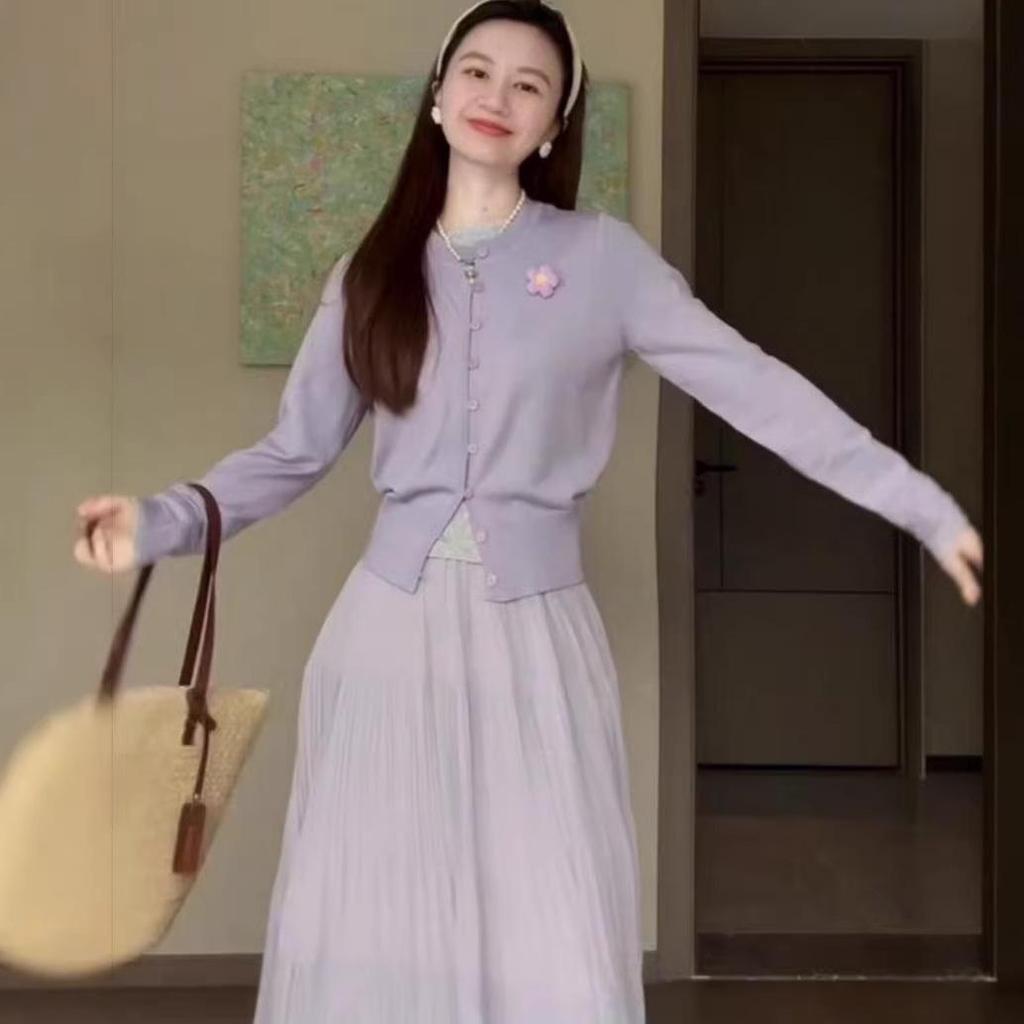 French-Inspired Knit Cardigan and Skirt Set - Spring New Arrival, Waist-Cinched, Age-Defying Fashion.