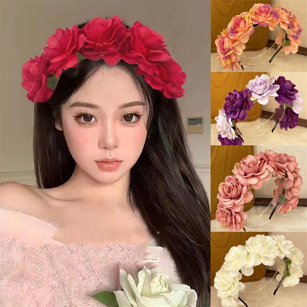Imitation Rose Flower Headband Retro Fake Flower Decor Crown Headband Women Headpiece Hair Hoop Party Decor