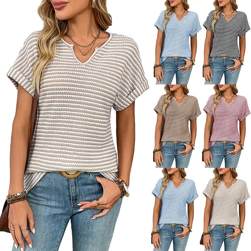 Ladies Summer Short Sleeve V Neck Striped Pullover T Shirt Top