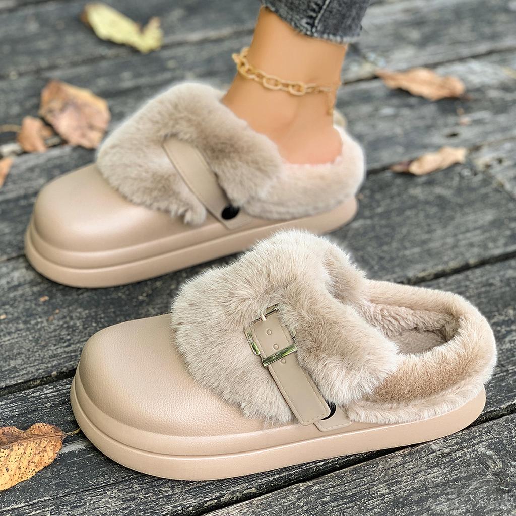 Winter Women Outdoor Platform Warm Slippers Plush Buckle Slippers Flat Fur Comfortable Clogs Soft Design Shoes Slides Women