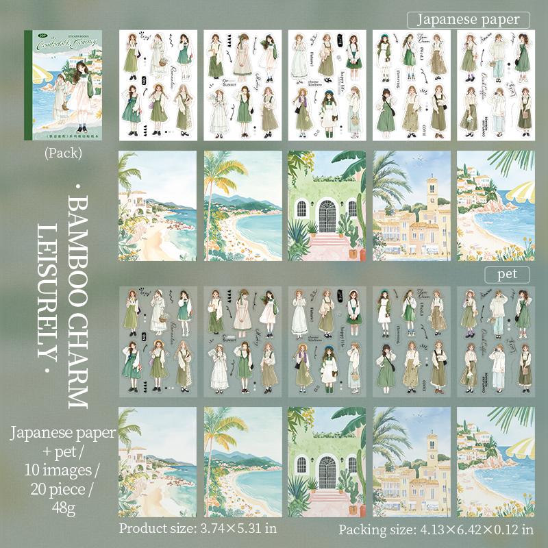 20 Sheets/pack Dual Material Self-Adhesive Sticker Book Cozy Journey Series Character Travel Theme Holiday Decoration