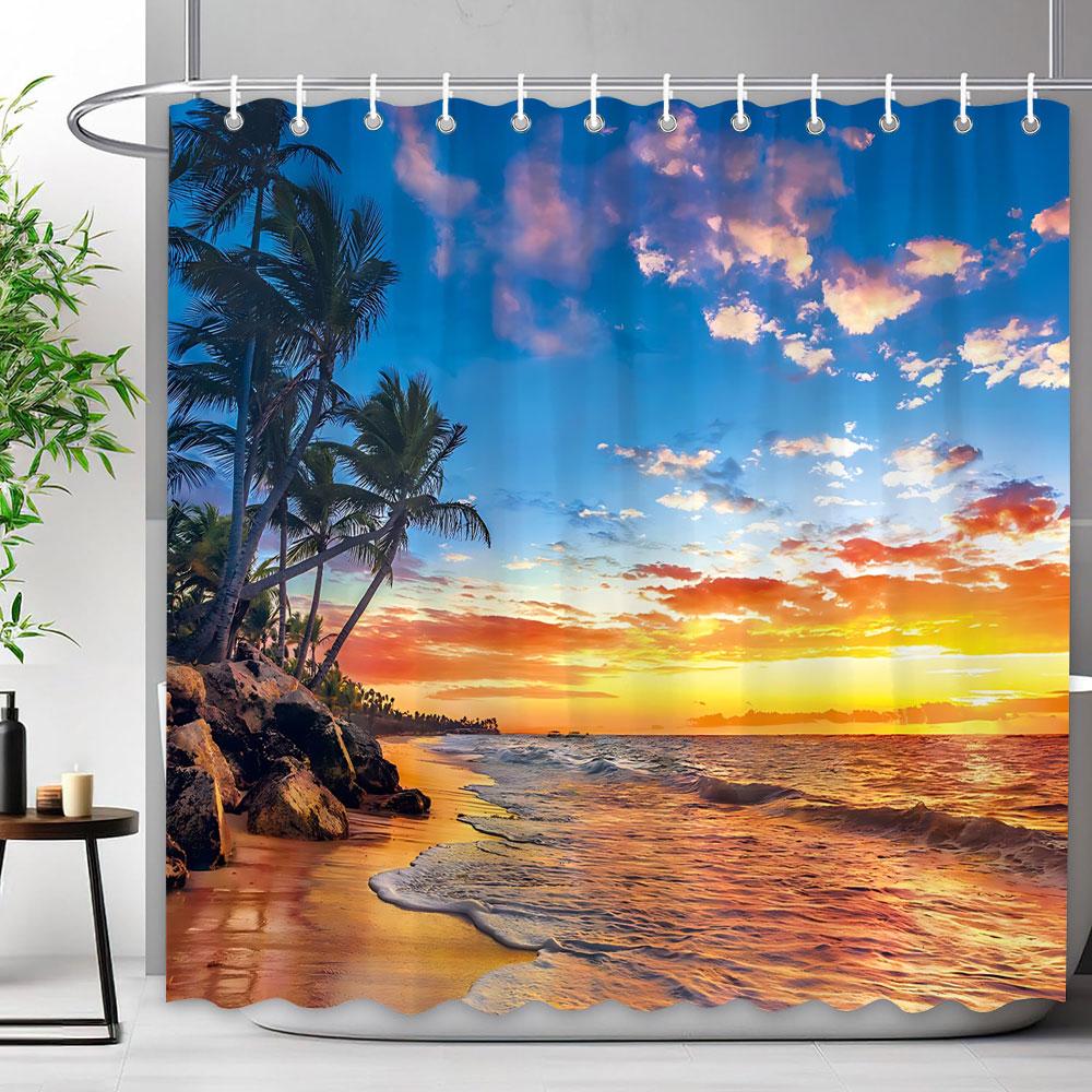 

Морський Пейзаж Шторка для Душу Блакитний Океан Пляж Тропічний Ліс Відкритий Природа Пейзаж Поліестерові Шторки для Душу Декор для Ванної Кімнати 120x180cm-47x70in